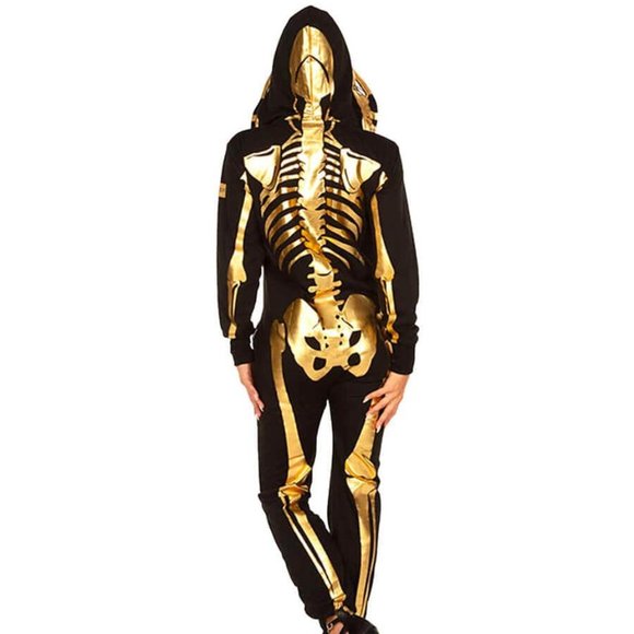NWT "Tipsy Elves" Gold Metallic Skeleton Hooded Zip Jumpsuit Onesie HALLOWEEN - Picture 6 of 14